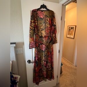 Kendall & Kylie Sheer Leaf Print Cover Up Robe in Red and Orange